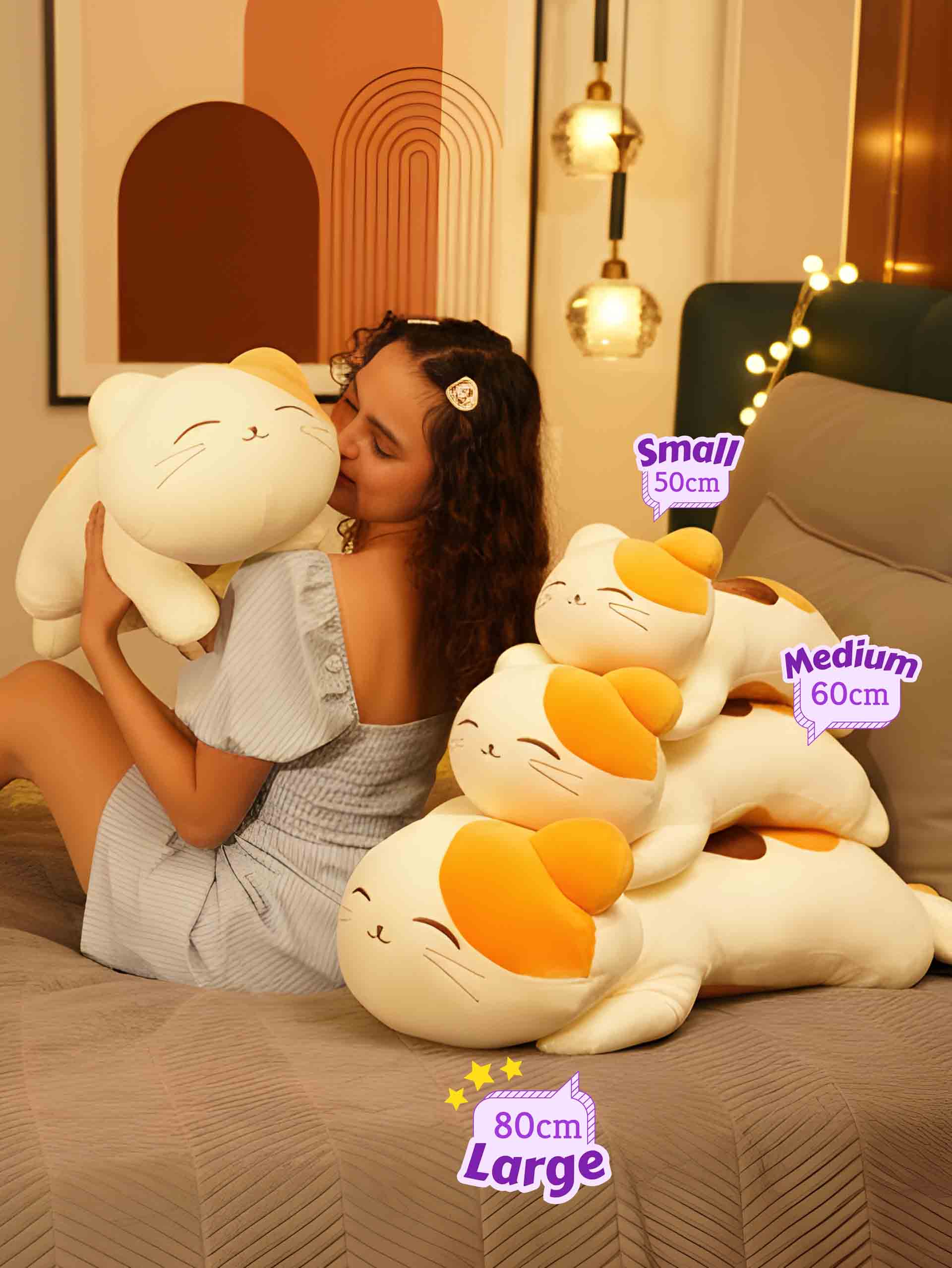 Blissfully Beaming Cutie Cat Cuddle Pillow - Cozy Corner Sleeptime Hug Pillow Room Decor