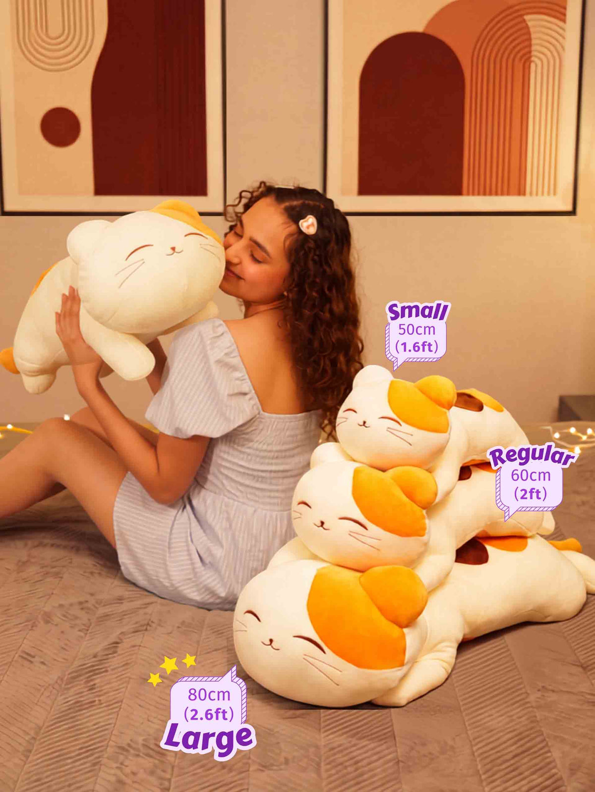Blissfully Beaming Cutie Cat Cuddle Pillow - Cozy Corner Sleeptime Hug Pillow Room Decor size guide