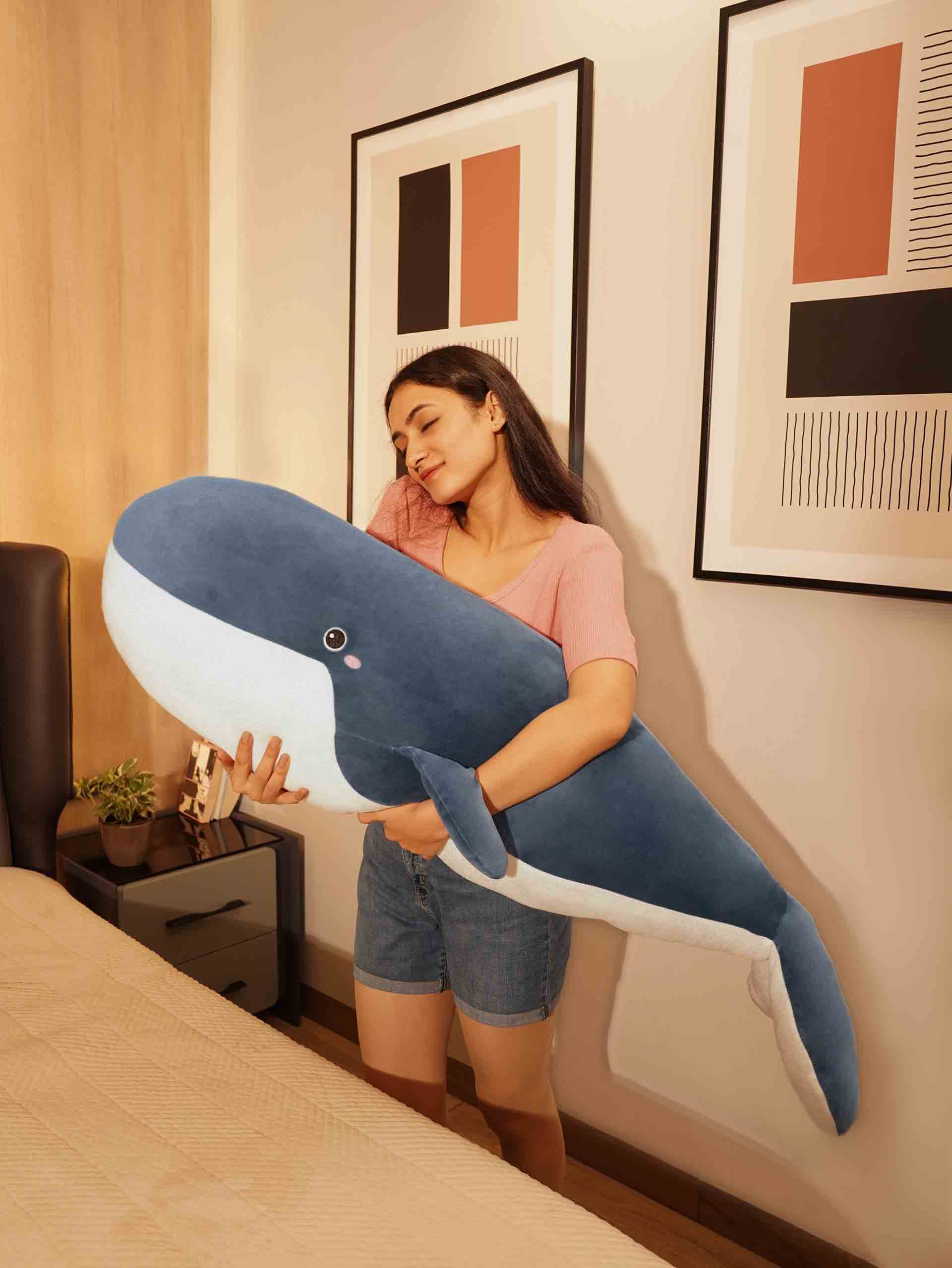 Joyful Jumbo Blue Whale Cuddle Pillow - Cute Nap Cushion Bedroom Home Decor