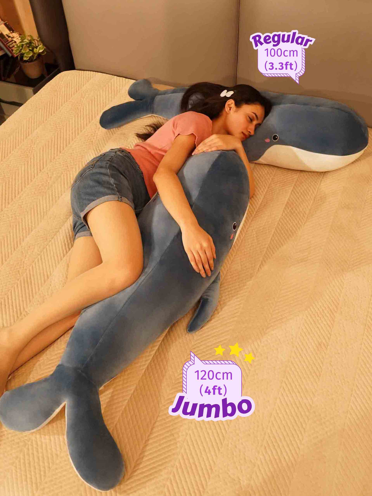 Joyful Jumbo Blue Whale Cuddle Pillow - Cute Nap Cushion Bedroom Home Decor size guide