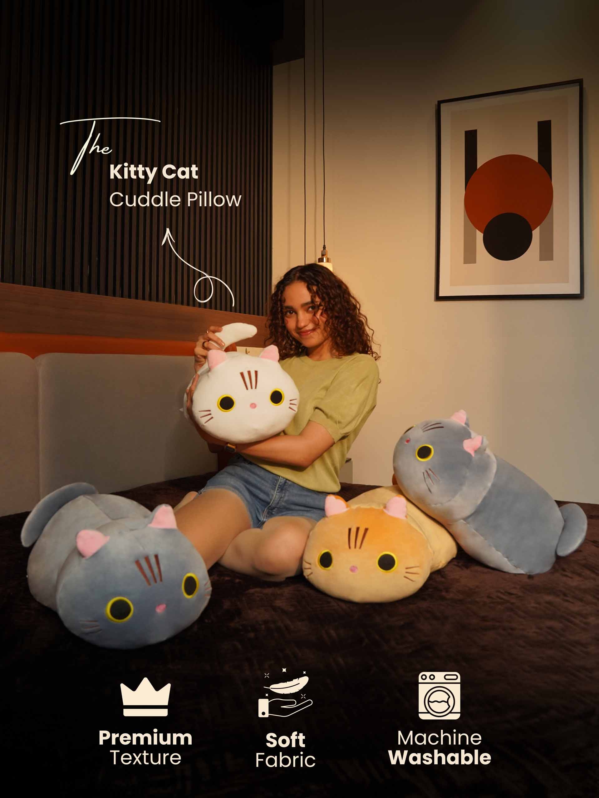 Kitty Cat Cuddle Pillow - Cylindrical Long Bedside Cute Nap Pillow for Sofa