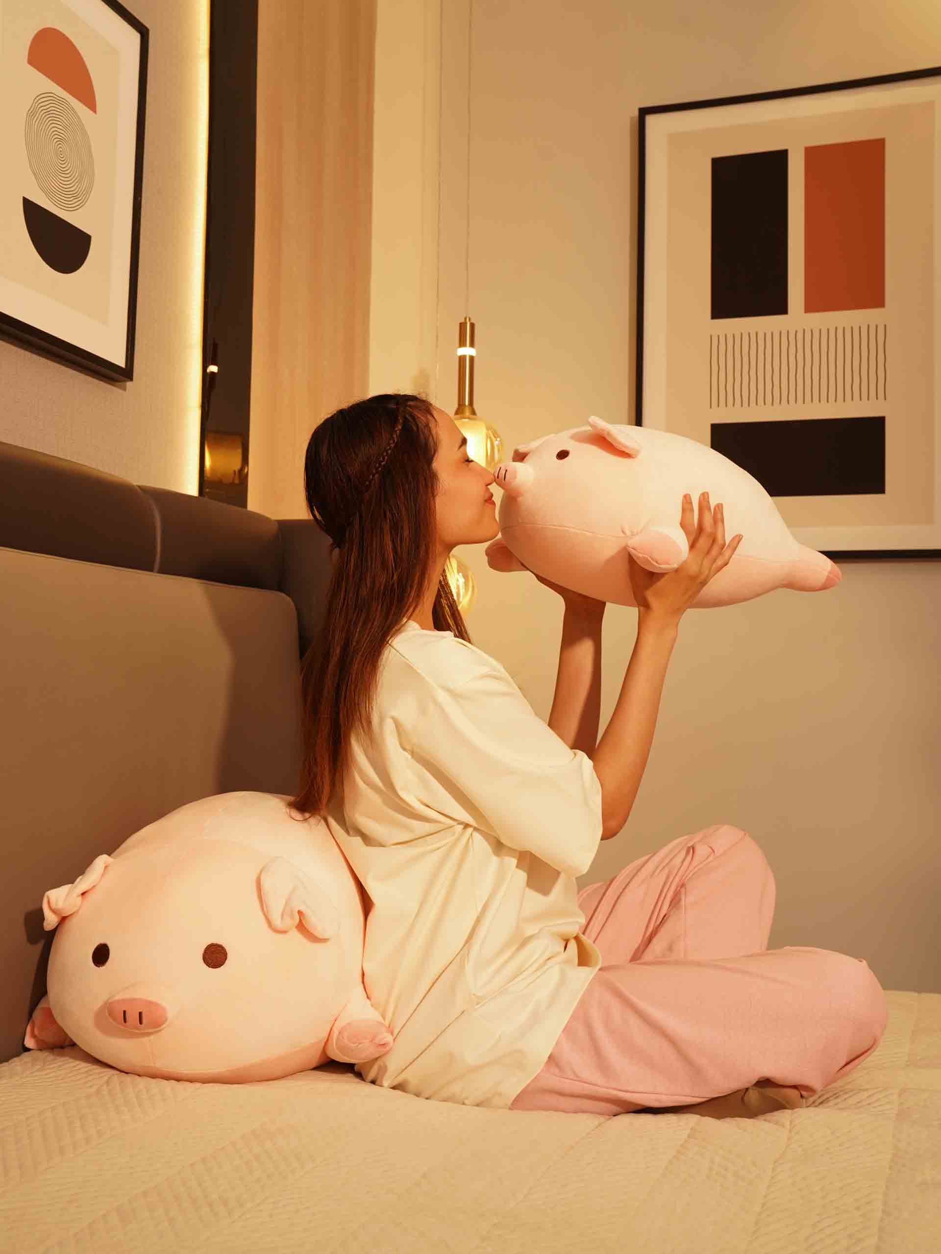 Lounging Piggy Cuddle Pillow - Cute Pink Sleeping Pillow Living Room Decor