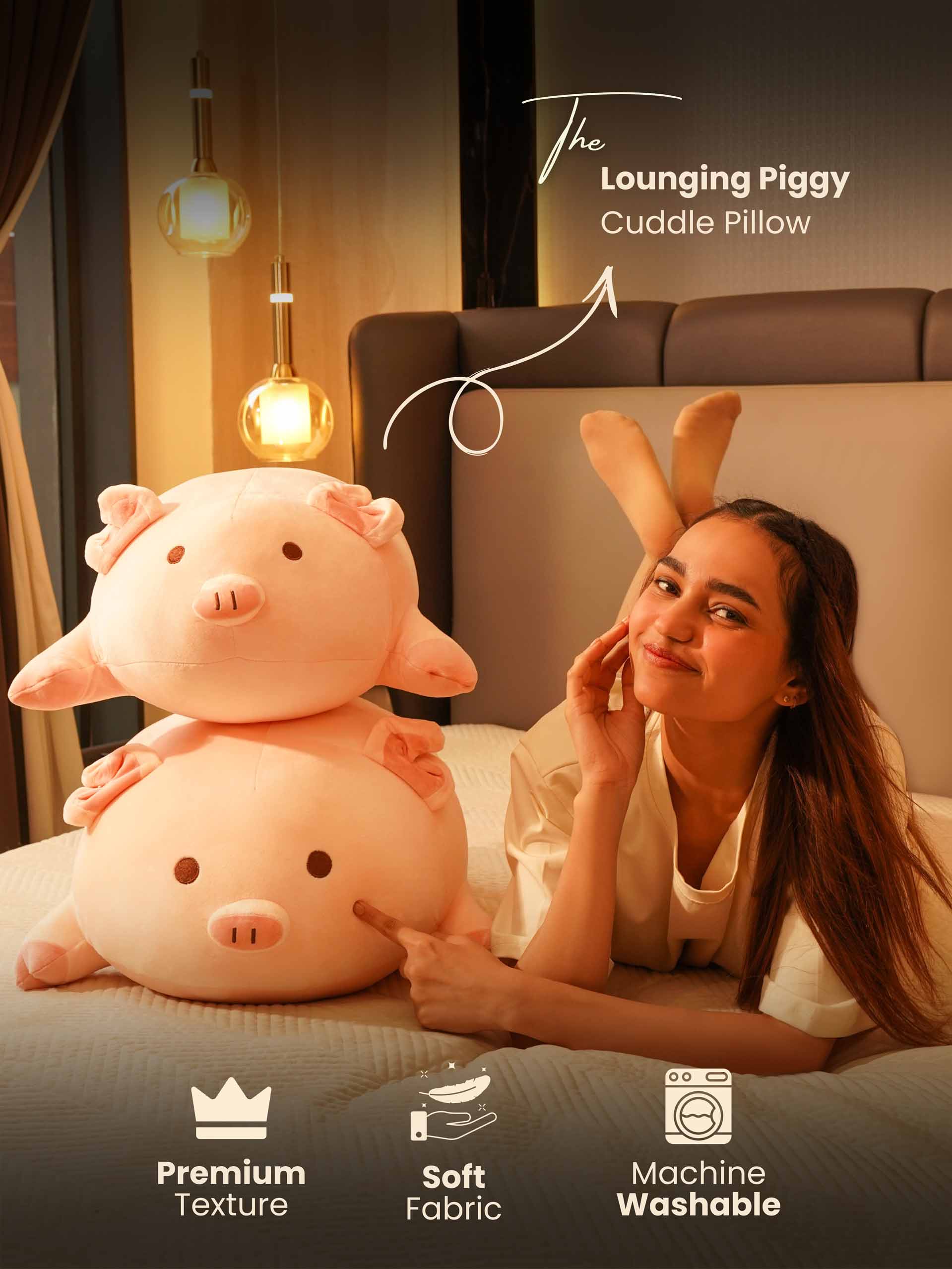 Lounging Piggy Cuddle Pillow - Cute Pink Sleeping Pillow Living Room Decor