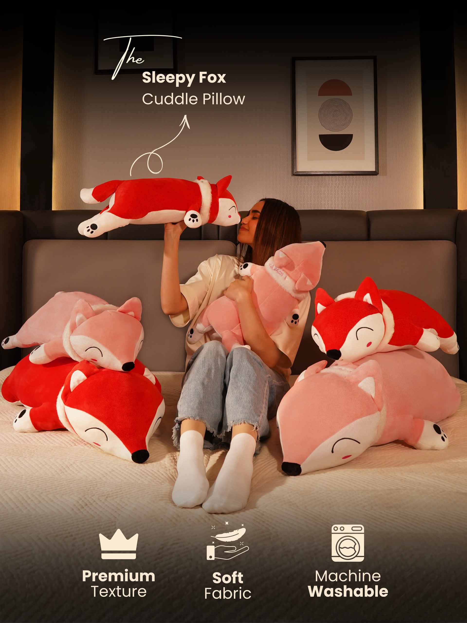 Slyly Sleepy Fox Cuddle Pillow - Cute Animated Animal Sofa Cushion