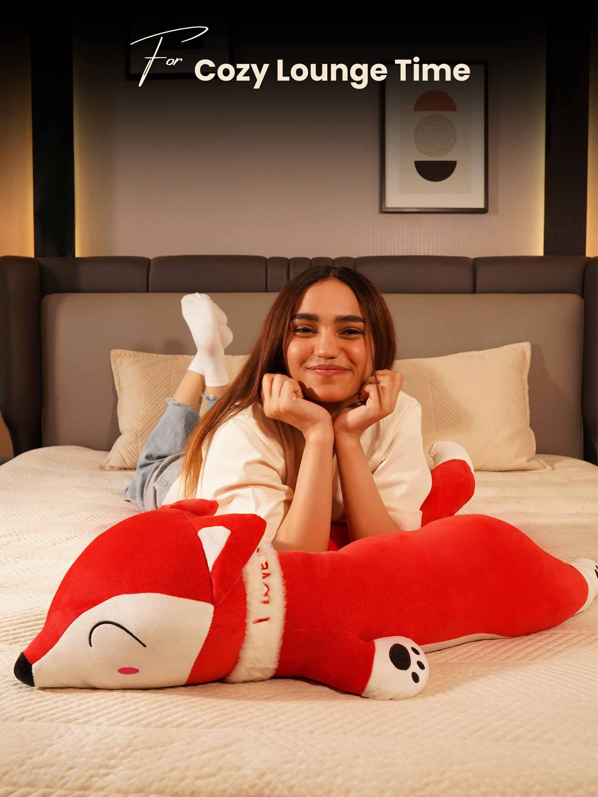 Slyly Sleepy Fox Cuddle Pillow - Cute Animated Animal Sofa Cushion