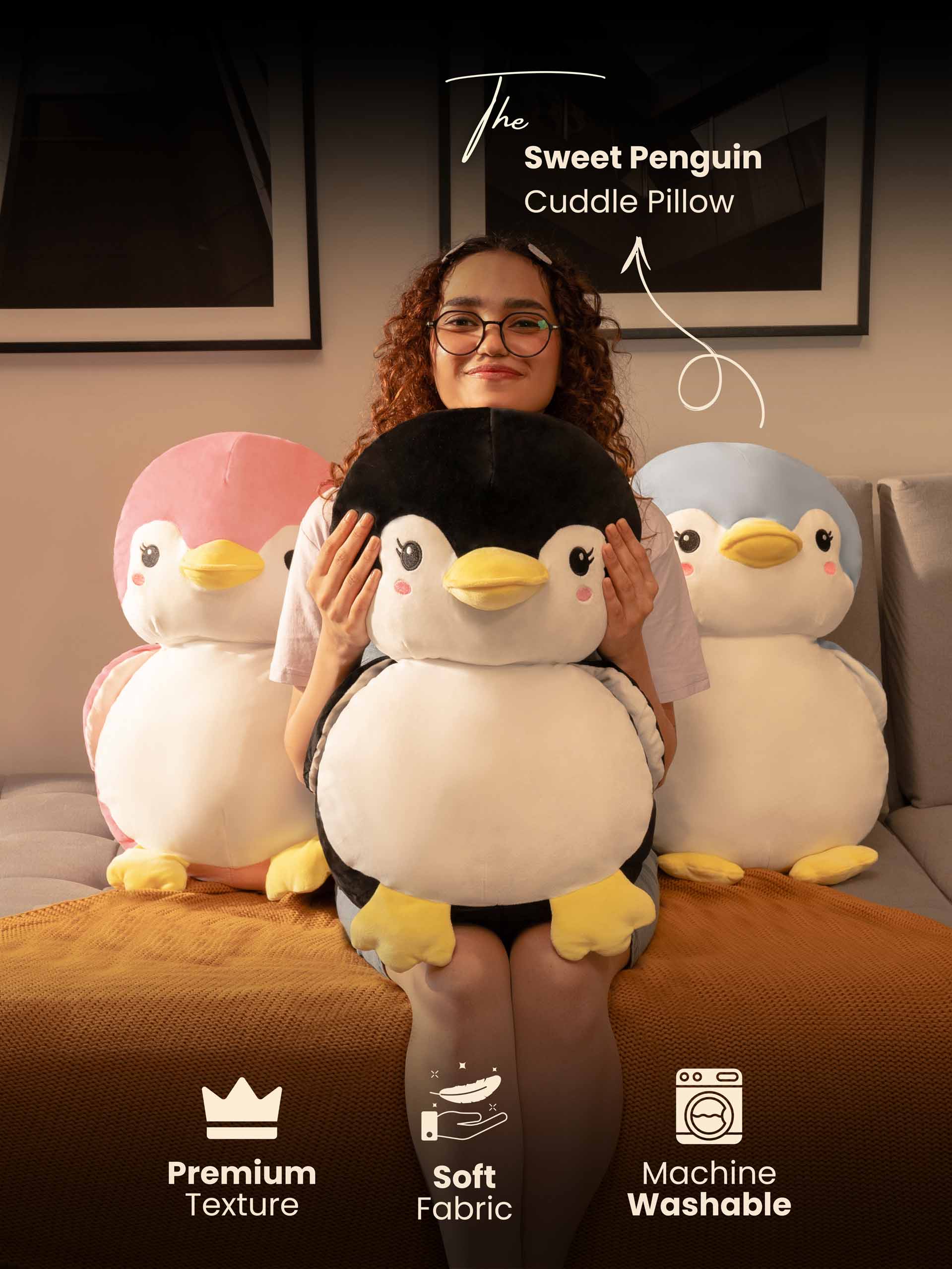 Sweet & Shy Penguin Cuddle Pillow - Cute Sofa Cushion Living Room Decor