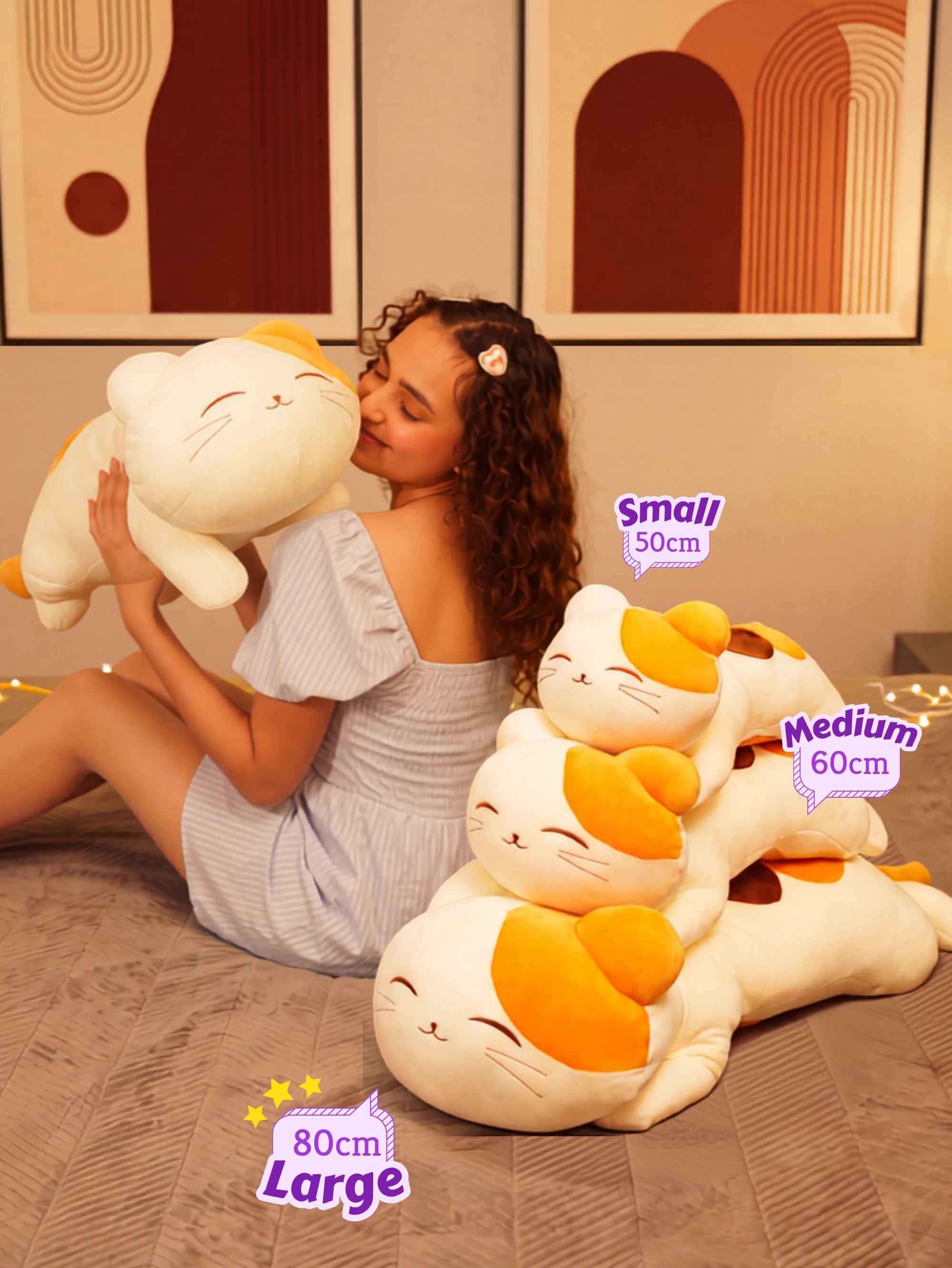 Blissfully Beaming Cutie Cat Cuddle Pillow - Cozy Corner Sleeptime Hug Pillow Room Decor